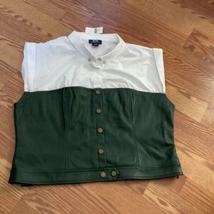 Maeve by Anthropologie Green Faux Leather & White Sleeveless Side Zip Blouse XL